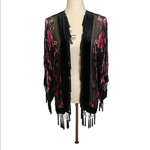 Aris A Cherry Blossom Silk Velvet Burnout w/Tassel Short Kimono O/S. (M/… - Picture 2 of 12